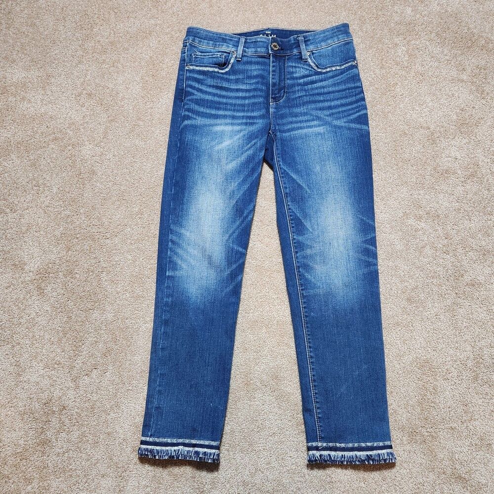 WHBM Jeans Women 2 Dark Wash Mid Rise The Slim Crop Fringe Ankle Detail